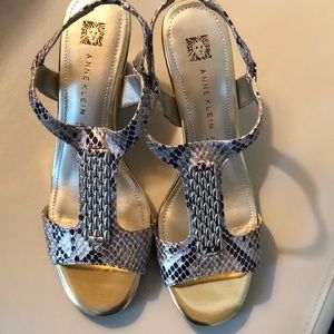 Anne Klein wedge heel sandal; taupe snake skin with rhinestone front strap